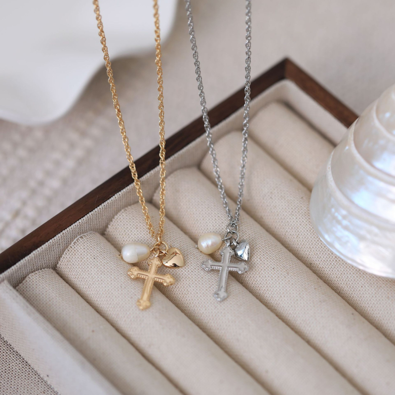 Lančić s križem, bakrena osnova, elektroplatirano, obični lanac, privjesak od titan čelika, 6 g, unisex