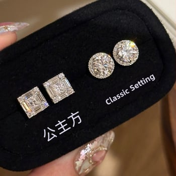 Nagi cercei geometrici cu montură de diamant, din argint 925 – stil feminin proaspăt și dulce