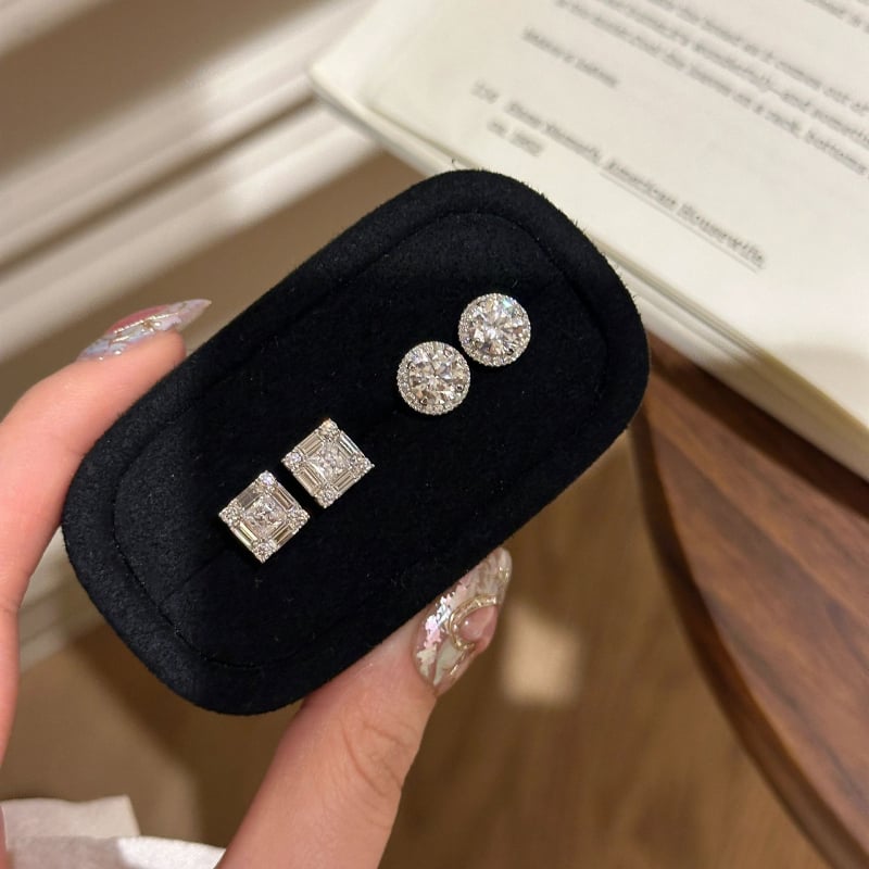 Nagi cercei geometrici cu montură de diamant, din argint 925 – stil feminin proaspăt și dulce