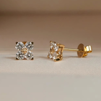 Fülbevalók - Négylevelű lóhere gyémánttal, aranyozott réz és 925 ezüst tüske, Olayfei