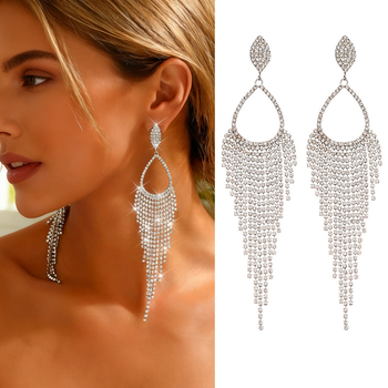 Yiyu cercei din cupru, în formă de lacrimă, cu ciucuri lungi și cristale