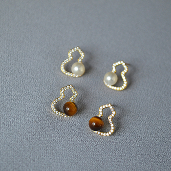 Cercei - Piatră ochi de tigru, Formă geometrică, Știft din argint 925, Acoperire cu aur real, Stil chinezesc