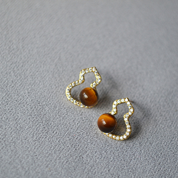 Cercei - Piatră ochi de tigru, Formă geometrică, Știft din argint 925, Acoperire cu aur real, Stil chinezesc