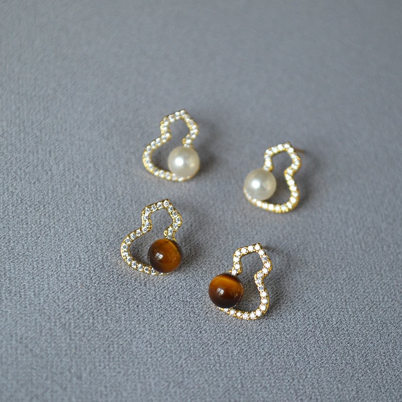 Cercei - Piatră ochi de tigru, Formă geometrică, Știft din argint 925, Acoperire cu aur real, Stil chinezesc