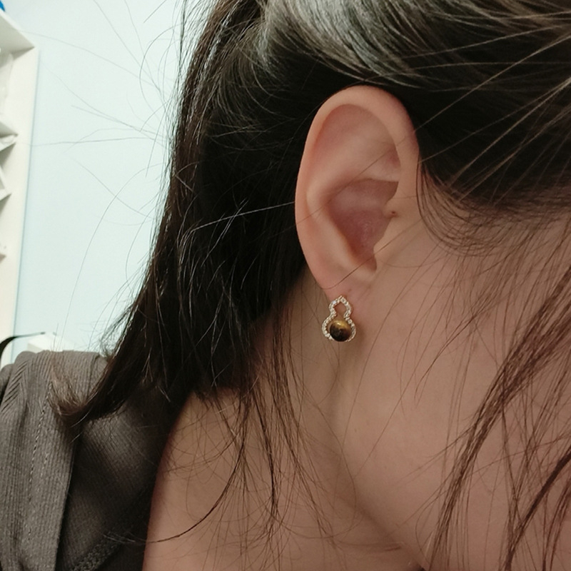 Cercei - Piatră ochi de tigru, Formă geometrică, Știft din argint 925, Acoperire cu aur real, Stil chinezesc