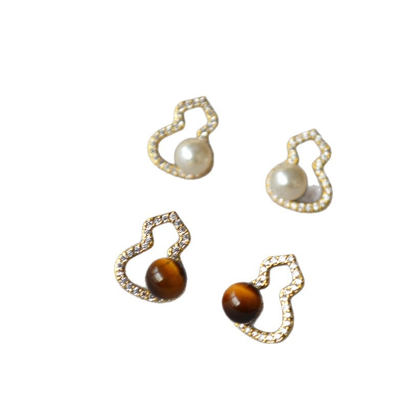 Cercei - Piatră ochi de tigru, Formă geometrică, Știft din argint 925, Acoperire cu aur real, Stil chinezesc