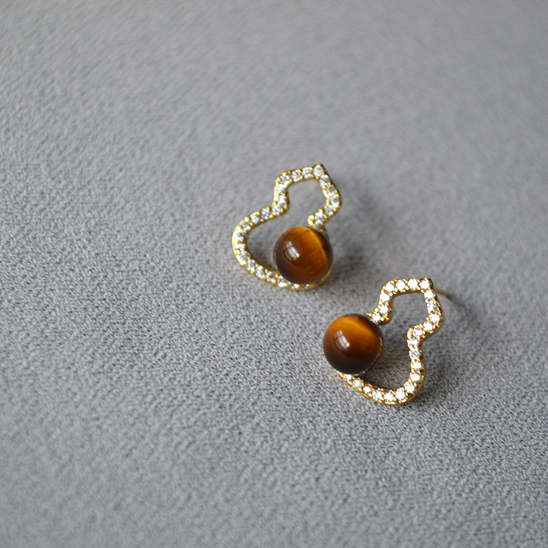 Cercei - Piatră ochi de tigru, Formă geometrică, Știft din argint 925, Acoperire cu aur real, Stil chinezesc