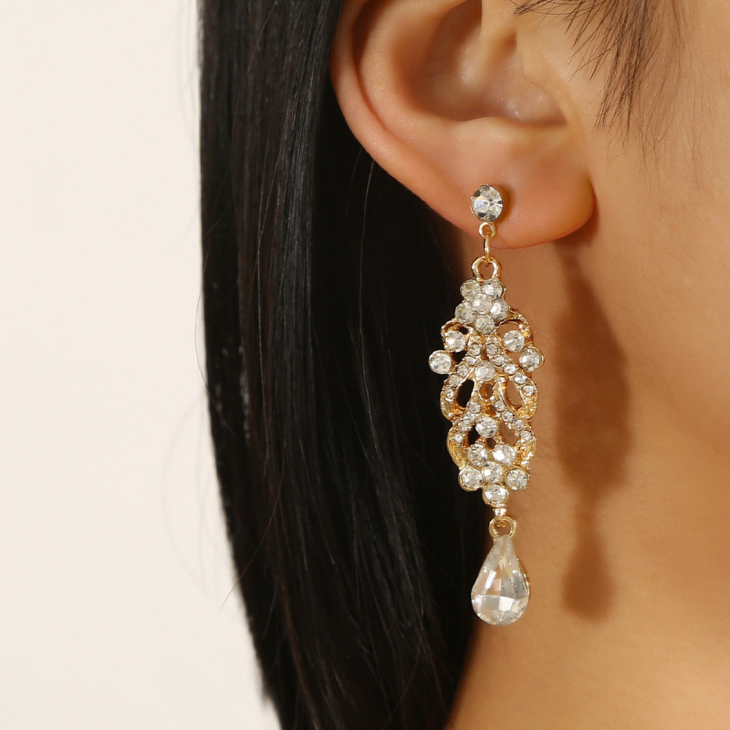 Cercei geometrici lungi din aliaj, încrustați cu cristale și ciucuri, placare electroplatină, pentru femei