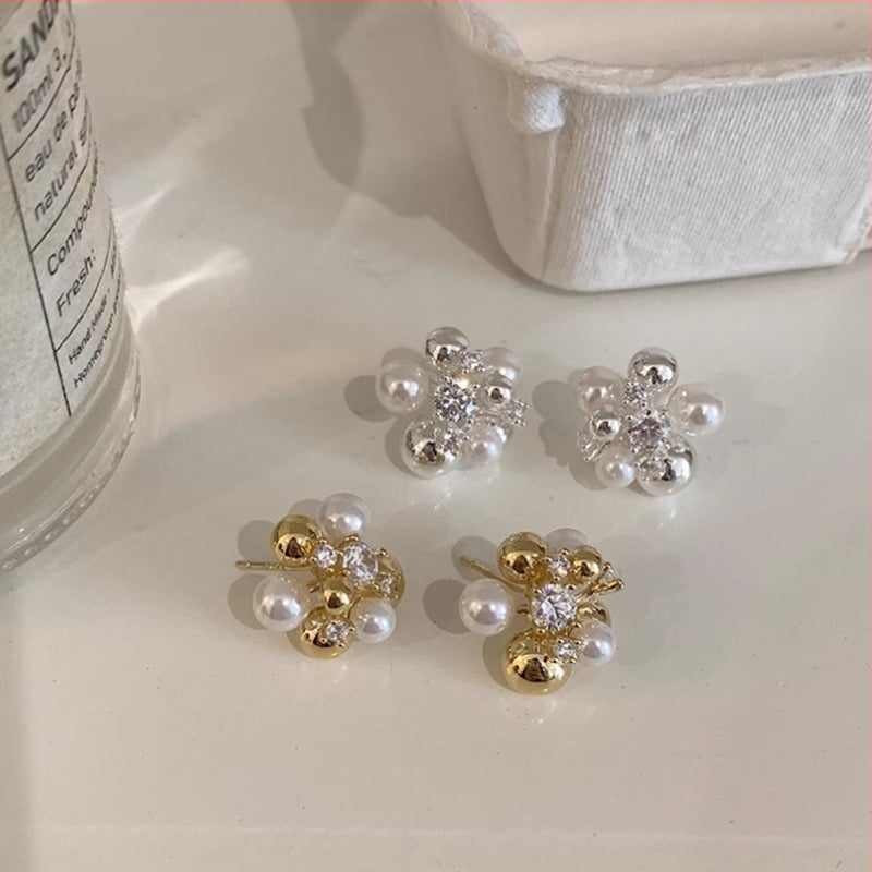 Fülbevalók - Kristályos gyöngy virág gömb, Geometriai dizájn, Mesterséges gyöngy, Elektroplakolt felület, Természetes stílus, 2024 tél