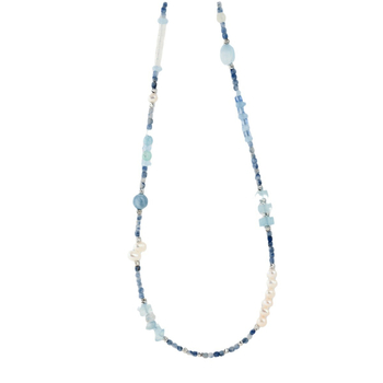 Colier cu piatră, acvamarin și perle de apă dulce; lucrat manual; lanț obișnuit; stil literar retro; Vara 2024