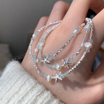 S925 ezüst karkötő természetes édesvízi gyönggyel, csillag alakú kagyló medállal, nőknek, friss és édes stílus