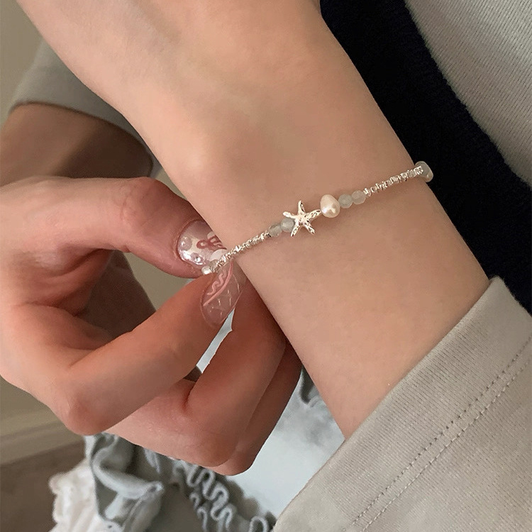 S925 ezüst karkötő természetes édesvízi gyönggyel, csillag alakú kagyló medállal, nőknek, friss és édes stílus