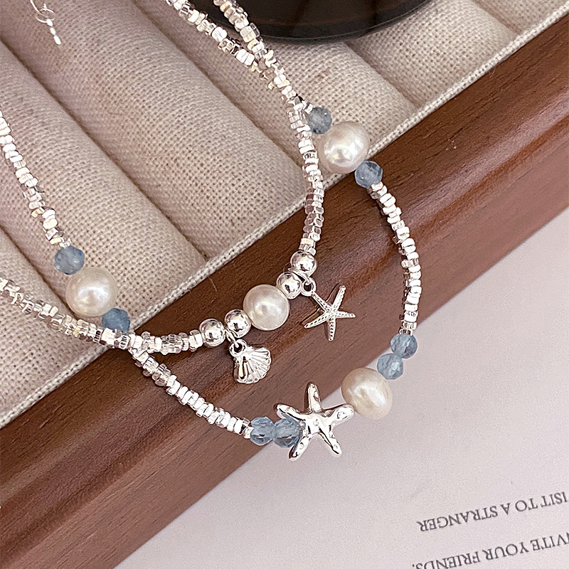 S925 ezüst karkötő természetes édesvízi gyönggyel, csillag alakú kagyló medállal, nőknek, friss és édes stílus