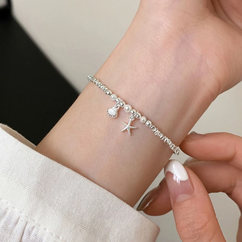 S925 ezüst karkötő természetes édesvízi gyönggyel, csillag alakú kagyló medállal, nőknek, friss és édes stílus