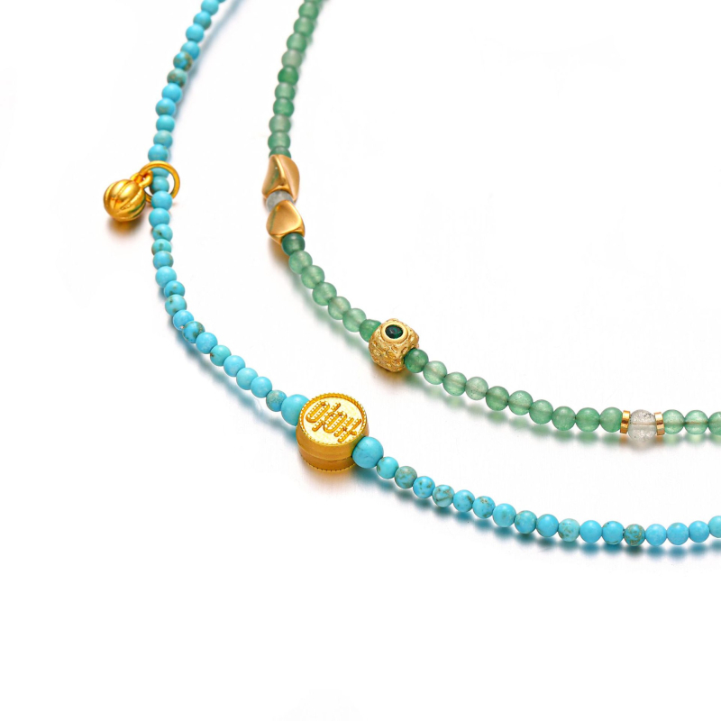 Geometrijska ženska narukvica, novi kineski stil, bakrena baza, zeleni Dongling, zircon umetci i turkizne perle, elektroplatinirani završetak
