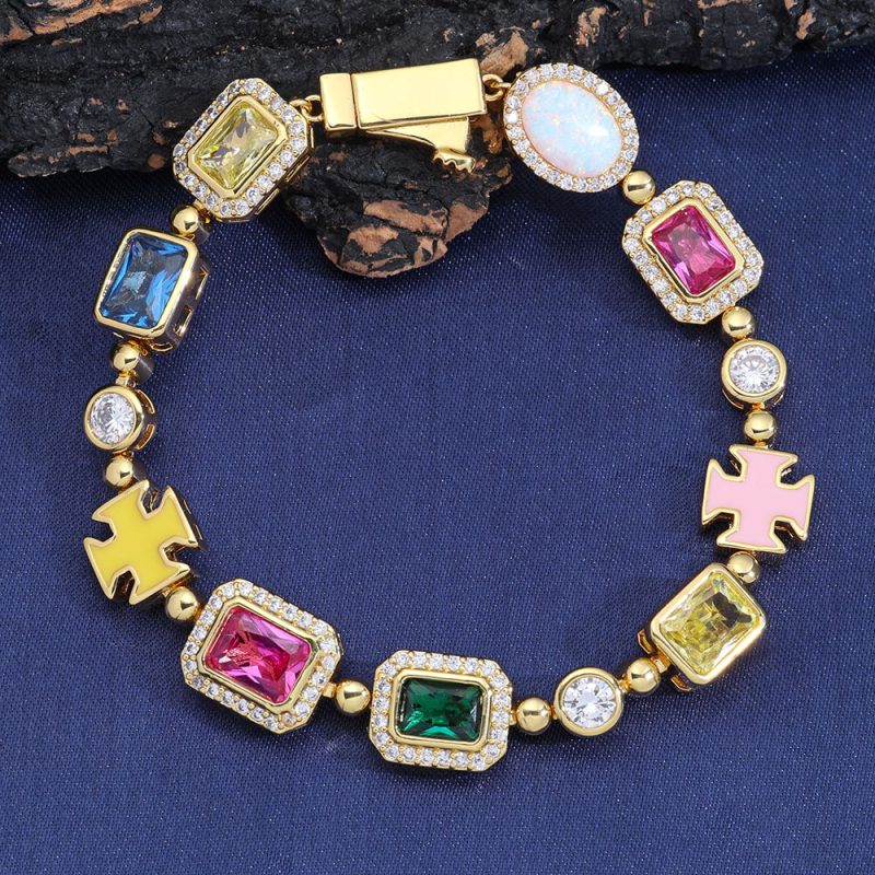 Gemstone narukvica, hip-hop stil, unisex, bakar, cirkon umetak, geometrijski dizajn (Eskeem CHA284)