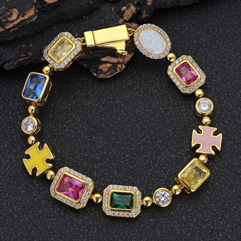 Gemstone narukvica, hip-hop stil, unisex, bakar, cirkon umetak, geometrijski dizajn (Eskeem CHA284)