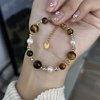 Karkötő tigriszem- kővel, gyöngyökkel és virágformájú gyöngyökkel, kézzel készített geometriás dizájn, nőknek, őszi-téli Maillard Wind stílus