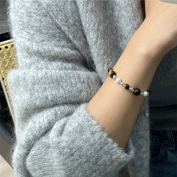 Karkötő tigriszem- kővel, gyöngyökkel és virágformájú gyöngyökkel, kézzel készített geometriás dizájn, nőknek, őszi-téli Maillard Wind stílus