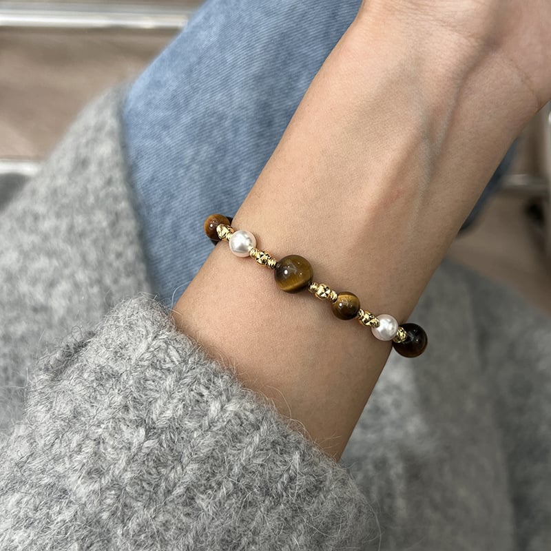 Karkötő tigriszem- kővel, gyöngyökkel és virágformájú gyöngyökkel, kézzel készített geometriás dizájn, nőknek, őszi-téli Maillard Wind stílus