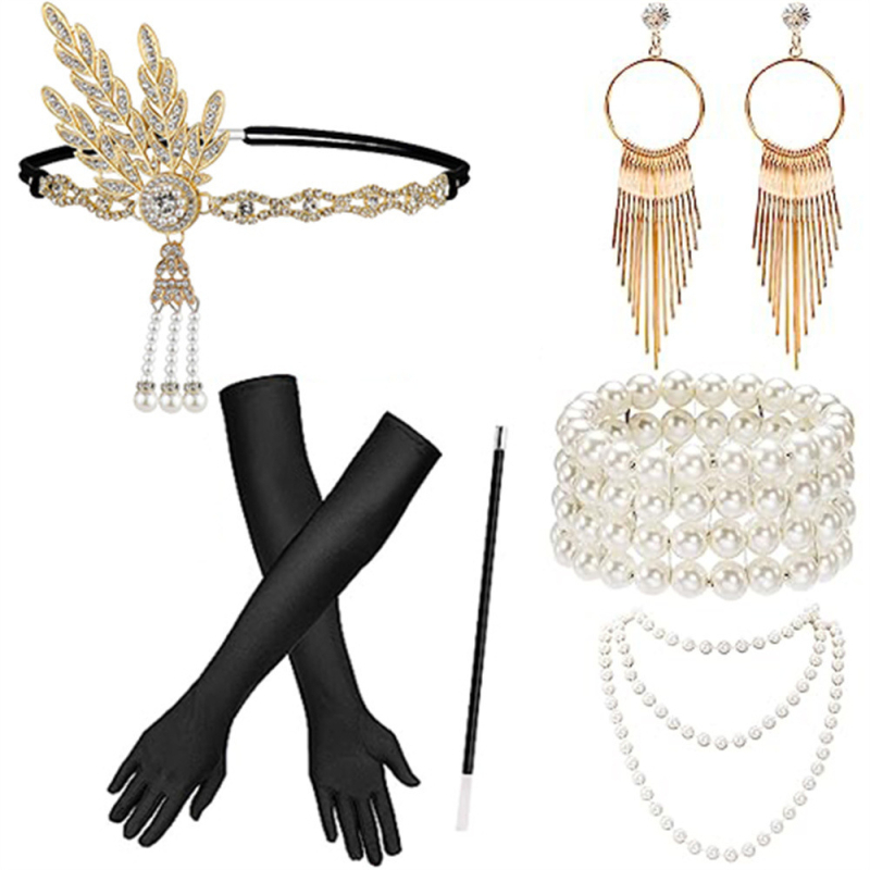 1920-ih stilu: set za kosu s perjem i nakitom – perle ugrađene, miješani materijali, ženski egzotični stil, uključuje dodatke za kosu + naušnice + ogrlica, proljeće 2024