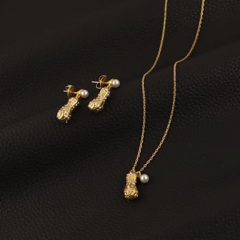 Mogyoró alakú fülbevaló és nyaklánc készlet – réz anyagú, medál: ötvözet, kulcscsont- lánc, divatos városi stílus, 2024 tél