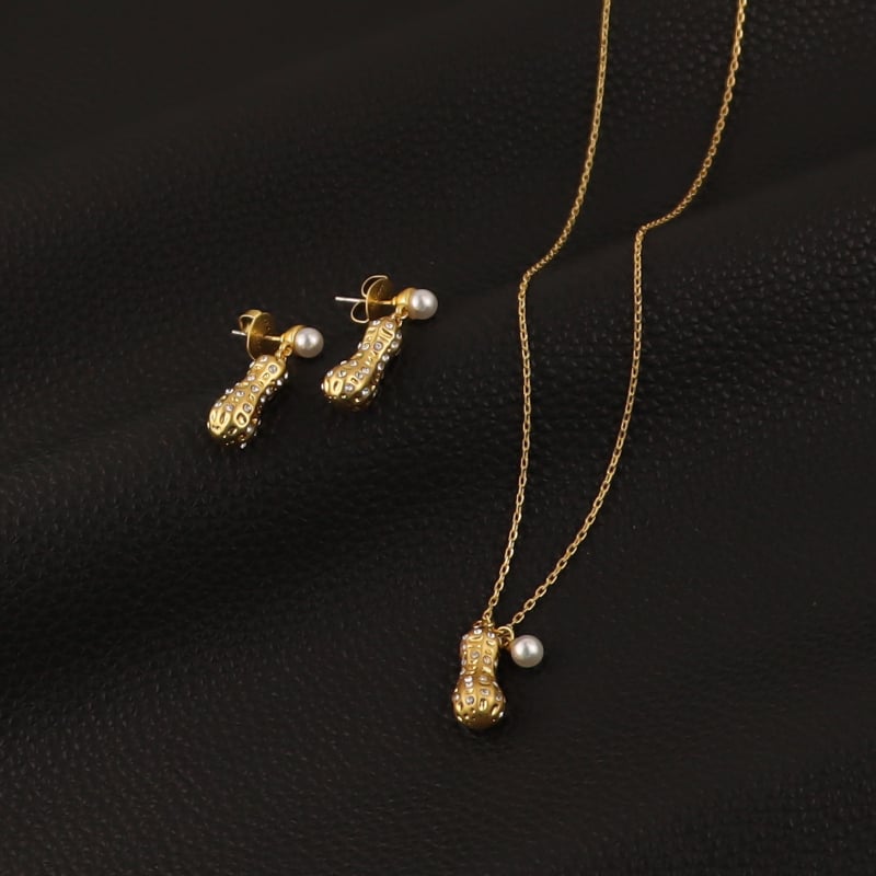 Mogyoró alakú fülbevaló és nyaklánc készlet – réz anyagú, medál: ötvözet, kulcscsont- lánc, divatos városi stílus, 2024 tél