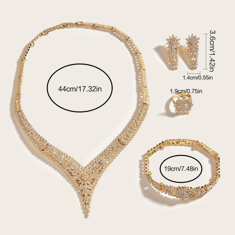 Set de bijuterii pentru femei – pietre în formă de V, zirconii, aliaj de zinc, electroplacare, pandant din cupru; include colier, cercei și inel