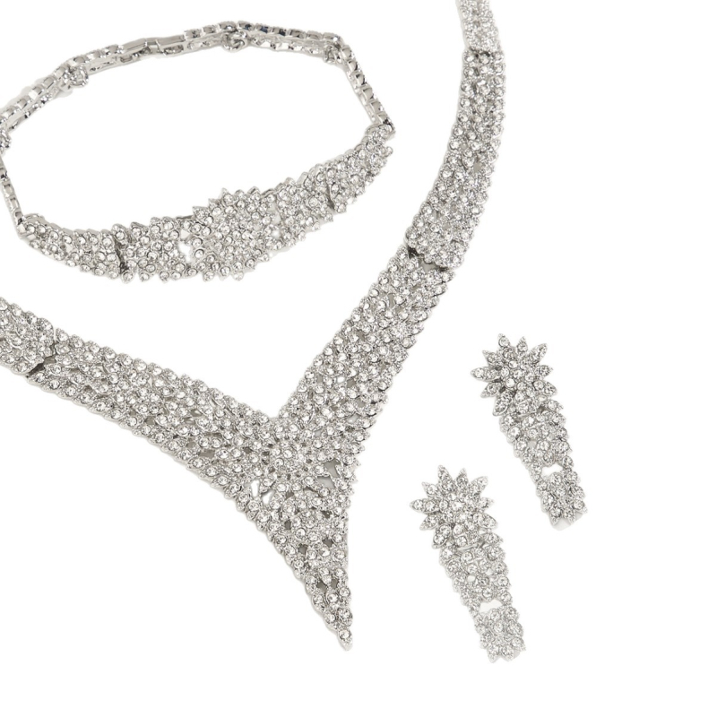 Set de bijuterii pentru femei – pietre în formă de V, zirconii, aliaj de zinc, electroplacare, pandant din cupru; include colier, cercei și inel