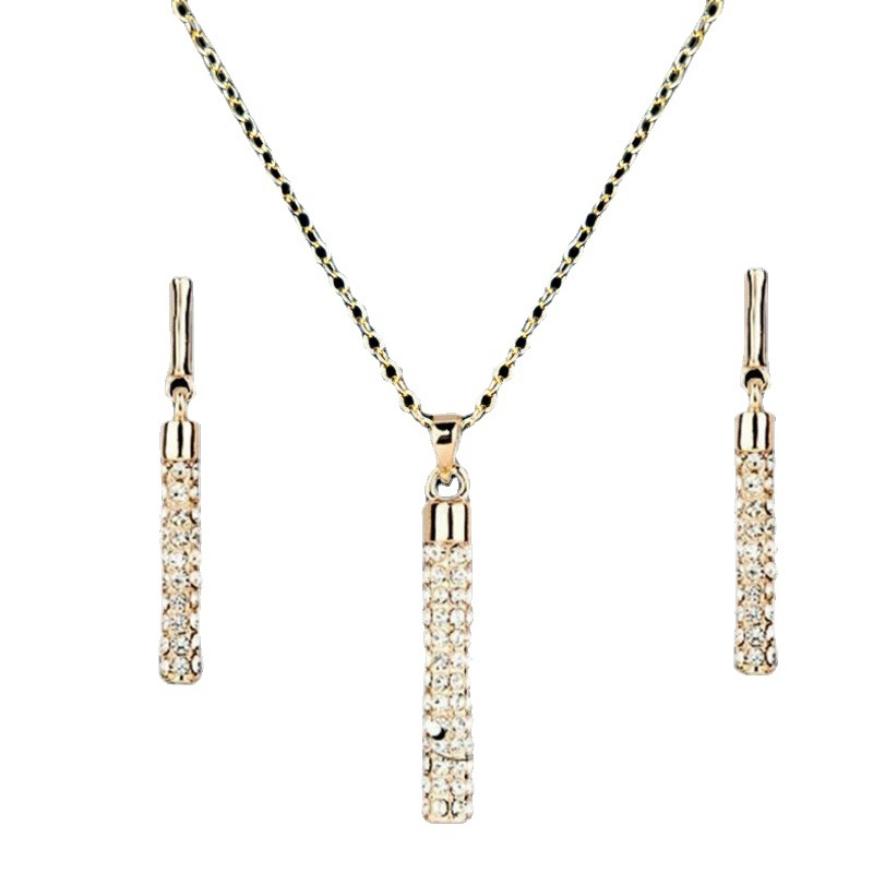 Set bijuterii: colier cilindric și cercei cu strasuri și aspect diamant, aliaj, lanț lamă, lungime reglabilă, pandantiv căzător, personalizare disponibilă