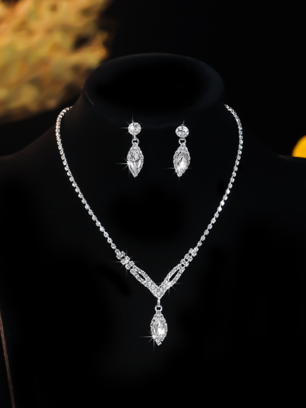 Trodijelni set ogrlice i naušnica s kristalima, romb dizajn, višeslojna lanac Grab, duljina 51–60 cm, privjesak od kristala