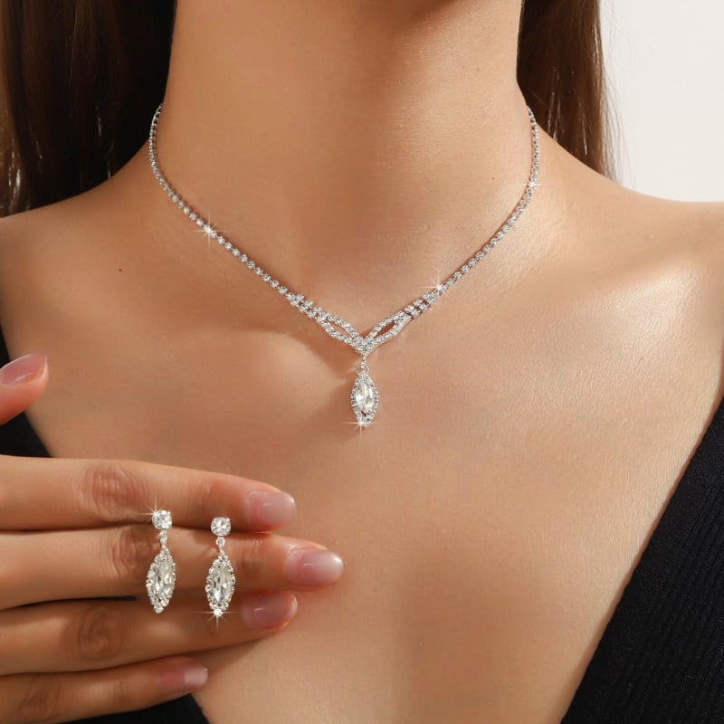 Trodijelni set ogrlice i naušnica s kristalima, romb dizajn, višeslojna lanac Grab, duljina 51–60 cm, privjesak od kristala