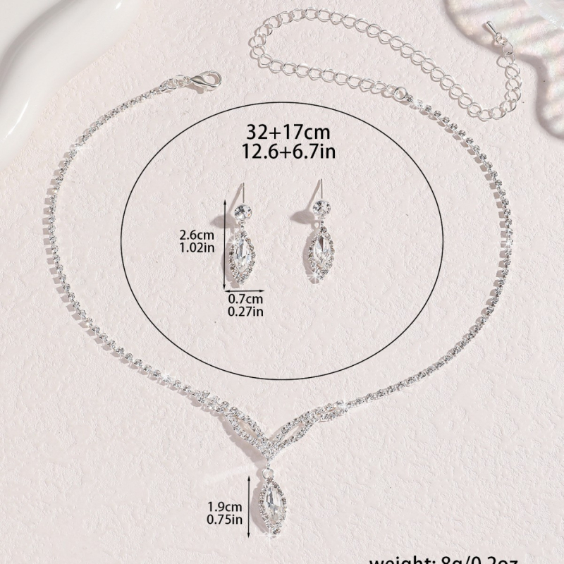 Trodijelni set ogrlice i naušnica s kristalima, romb dizajn, višeslojna lanac Grab, duljina 51–60 cm, privjesak od kristala