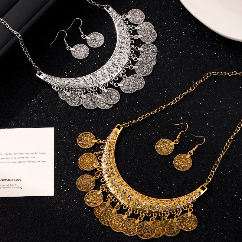 Set de bijuterii: cercei și colier în stil palat, lanț cu valuri, pandant din aliaj, modele inimă/picătură de apă/clopot