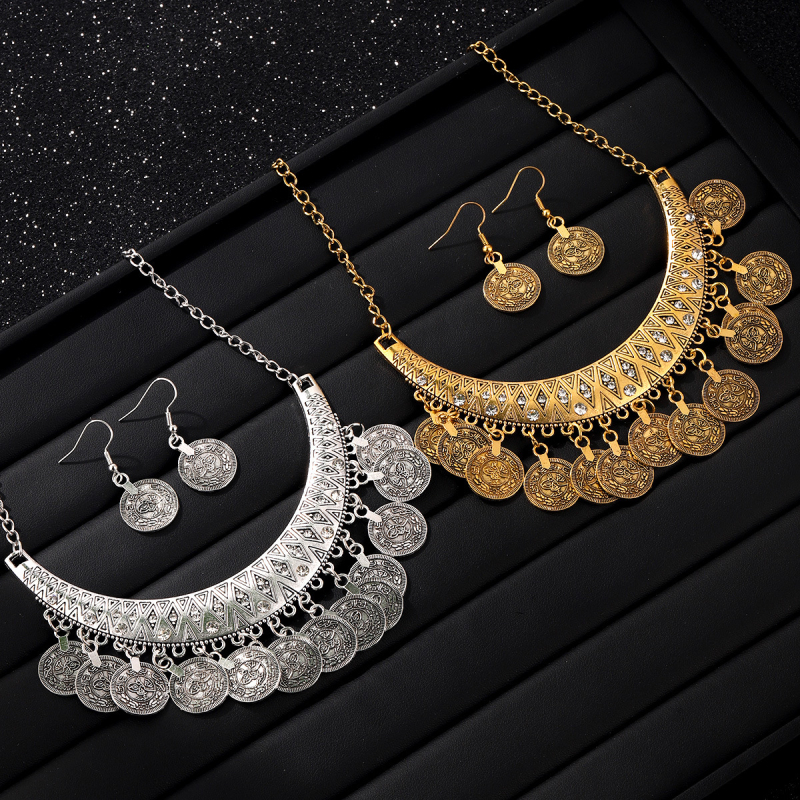 Set de bijuterii: cercei și colier în stil palat, lanț cu valuri, pandant din aliaj, modele inimă/picătură de apă/clopot