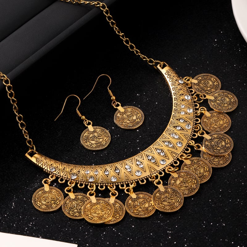 Set de bijuterii: cercei și colier în stil palat, lanț cu valuri, pandant din aliaj, modele inimă/picătură de apă/clopot