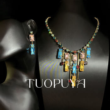 Set cercei și colier cu încrustație de cupru și mărgele de sticlă, pandant geometric, lanț standard – bijuterii feminine, stil ușor lux, de la Topya