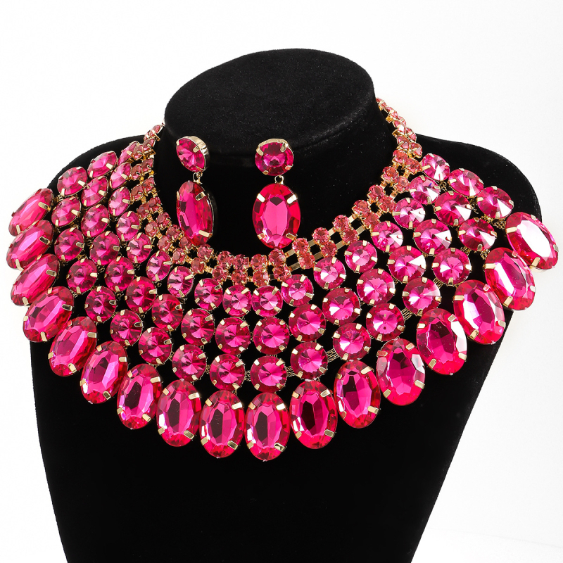 Set de bijuterii pentru rochie de banchet – colier și cercei multistrat, cu cristale din aliaj, lanț cu valuri, stil feminin, lux discret