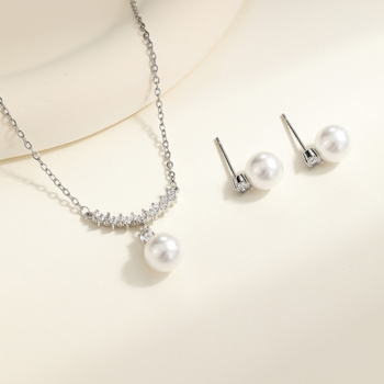 Set cercei și colier cu perle artificiale, lanț O, pandantiv din oțel de titan, placare electroplată, stil lux lejer