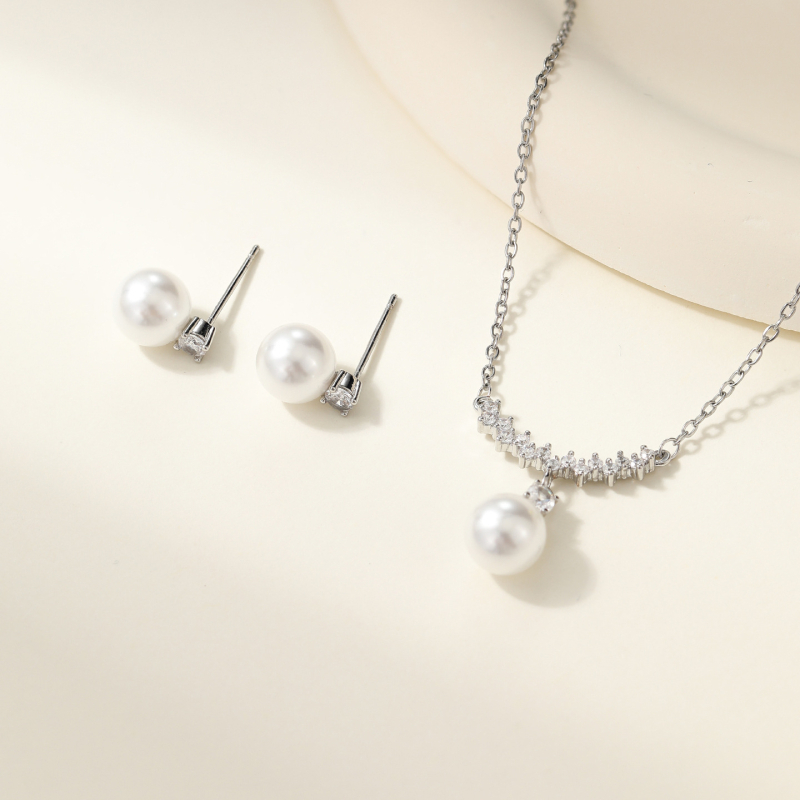 Set cercei și colier cu perle artificiale, lanț O, pandantiv din oțel de titan, placare electroplată, stil lux lejer