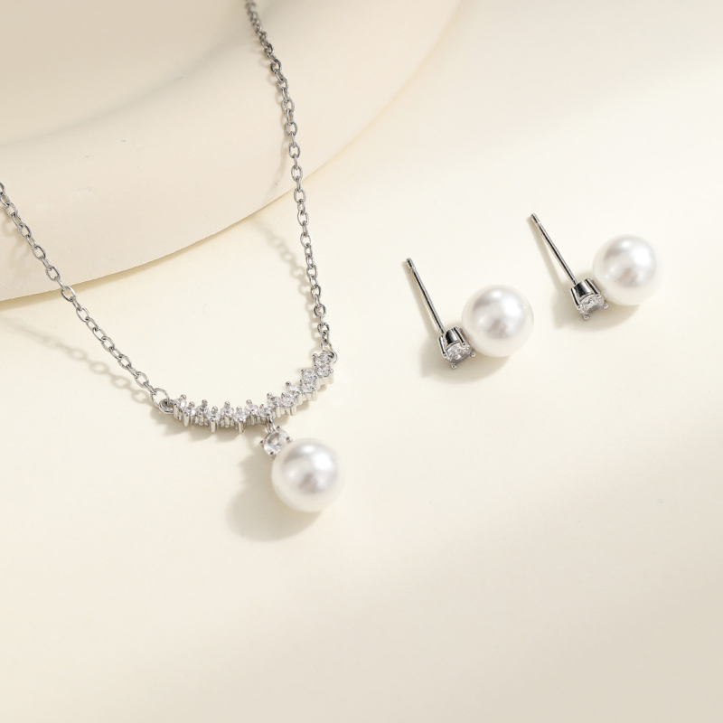 Set cercei și colier cu perle artificiale, lanț O, pandantiv din oțel de titan, placare electroplată, stil lux lejer