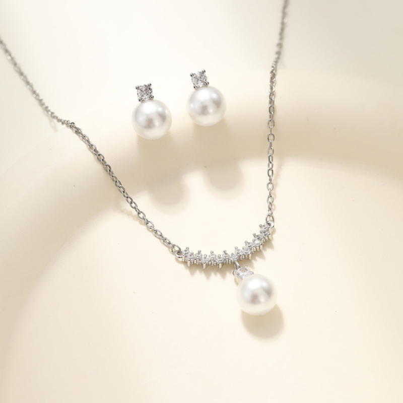 Set cercei și colier cu perle artificiale, lanț O, pandantiv din oțel de titan, placare electroplată, stil lux lejer