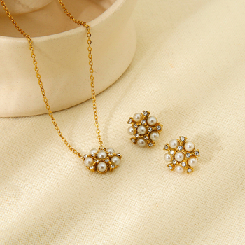 Set naušnica i ogrlica s cvjetnim dizajnom od nehrđajućeg čelika, rhinestones i perle, O- lanac, elektroplatiranje, 3.2 g