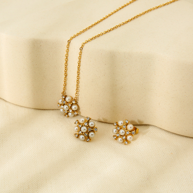 Set naušnica i ogrlica s cvjetnim dizajnom od nehrđajućeg čelika, rhinestones i perle, O- lanac, elektroplatiranje, 3.2 g