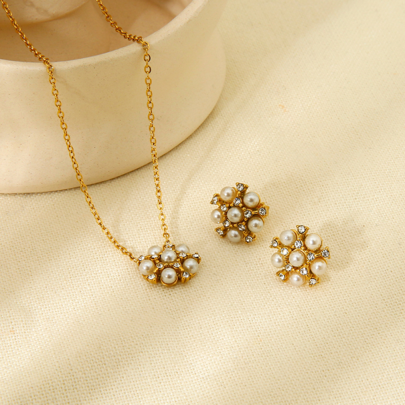 Set naušnica i ogrlica s cvjetnim dizajnom od nehrđajućeg čelika, rhinestones i perle, O- lanac, elektroplatiranje, 3.2 g
