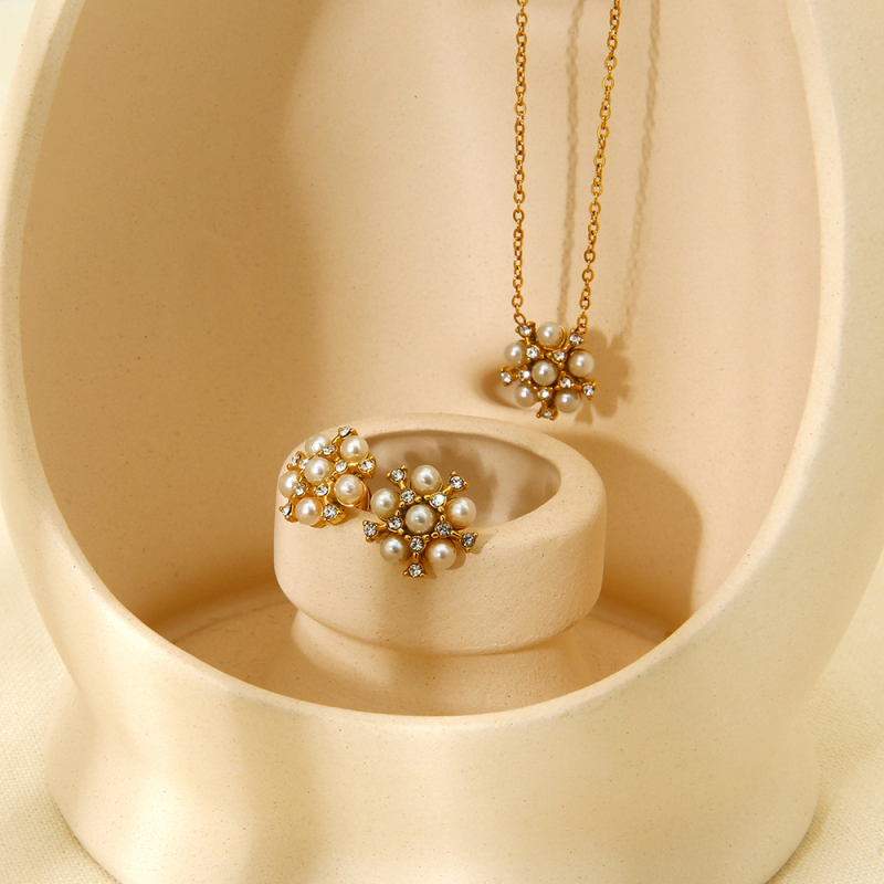 Set naušnica i ogrlica s cvjetnim dizajnom od nehrđajućeg čelika, rhinestones i perle, O- lanac, elektroplatiranje, 3.2 g