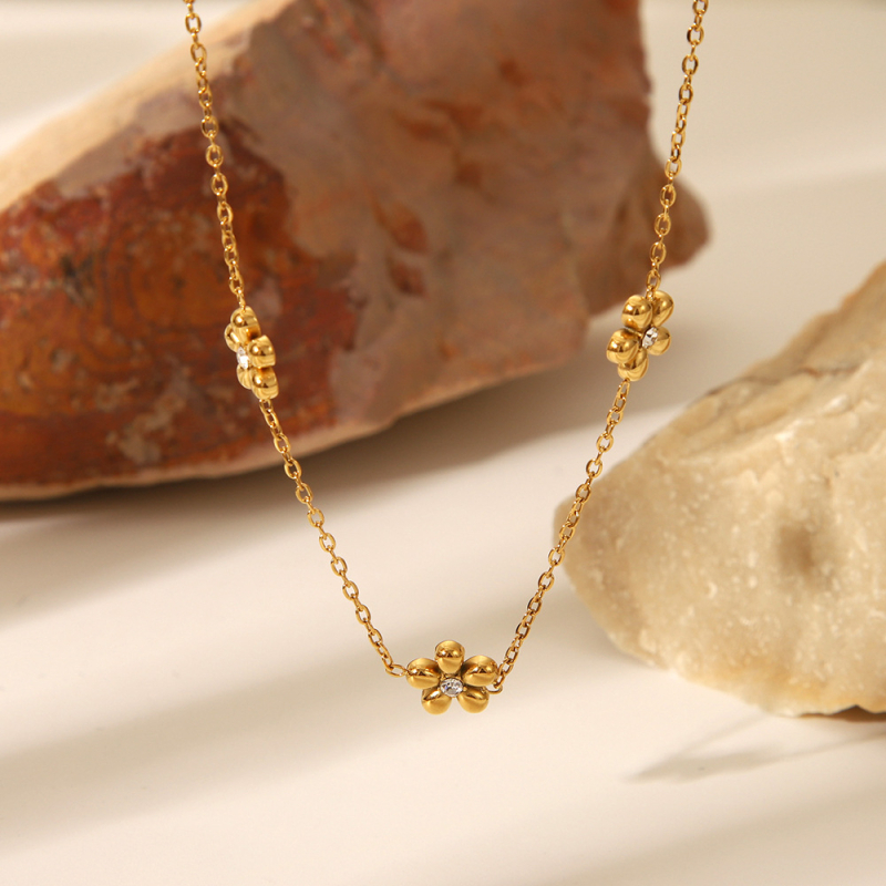 Set colier și brățară din oțel inoxidabil, design floare cu Rhinestone, lanț încrucișat