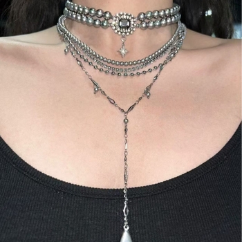 Ogrlica s imitacijskim perlama, višeslojni lanac ključne kosti, privjesak od legure, elektroplatiranje, kapljasti oblik