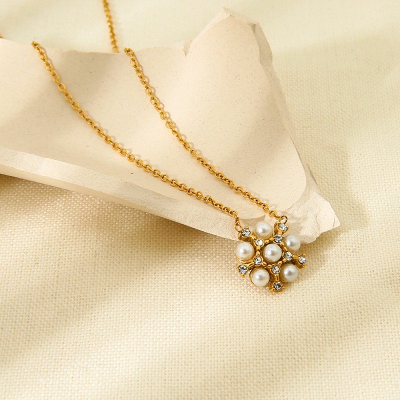 Set ogrlice i naušnica - cvjetni oblik s rhinestones i perlama, nehrđajući čelik, elektroplatiranje, O- lanc, privjesak od titan čelika