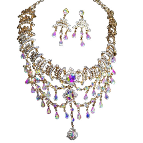 Huahong set ogrlice od legure s resicama i rhinestones, vintage prevelike naušnice, običan lanac, privjesak od legure, uzorak: Ljubav / kap vode / zvono
